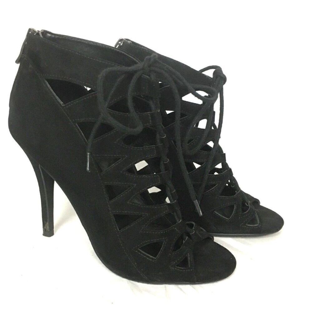 Chinese Laundry Lady Day Black Cutout Faux Suede Lace Up Heels  ~ Women Size 9
